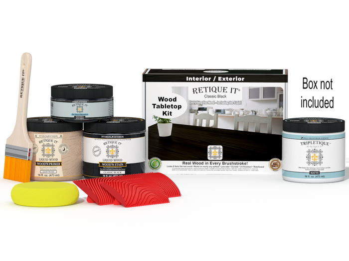 Retique It Wood'n Finish Kit Double Size in Classic Black for tabletops, includes stains and application tools.