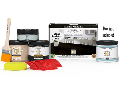 Retique It Wood'n Finish Kit Double Size in Classic Black for tabletops, includes stains and application tools.