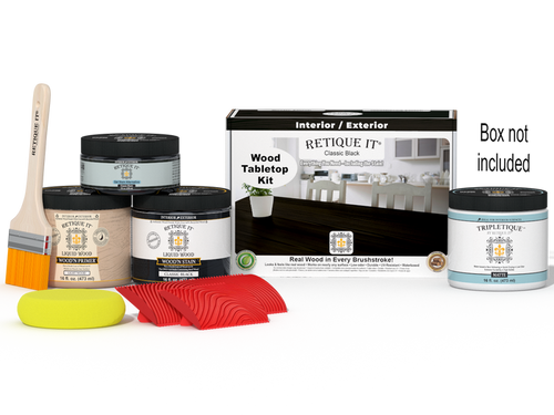 Retique It Wood'n Finish Kit Double Size in Classic Black for tabletops, includes stains and application tools.