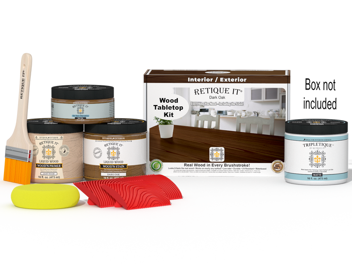 Retique It Wood'n Finish Kit Double Size in Dark Oak stain, showing stain bottles and application tools on a tabletop.