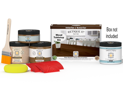 Retique It Wood'n Finish Kit Double Size in Dark Oak stain, showing stain bottles and application tools on a tabletop.