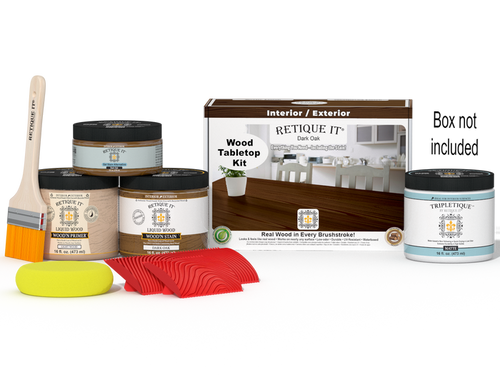 Retique It Wood'n Finish Kit Double Size in Dark Oak stain, showing stain bottles and application tools on a tabletop.