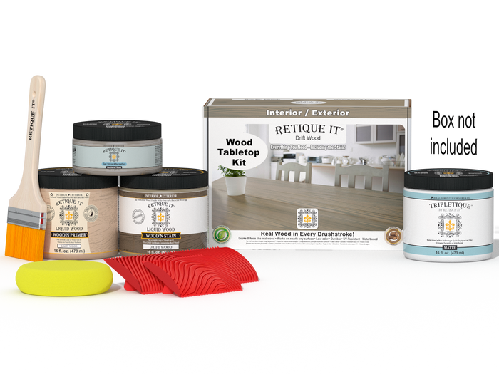 Retique It Wood'n Finish Kit in Drift Wood for tabletops, showing stain bottles and wooden surface for furniture finishing.