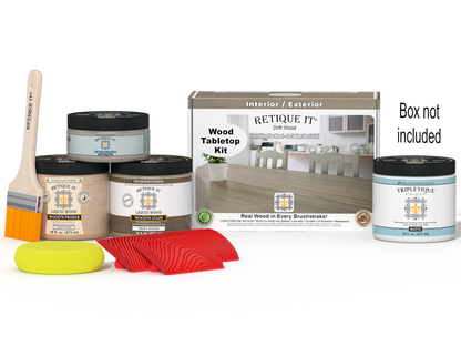 Retique It Wood'n Finish Kit in Drift Wood for tabletops, showing stain bottles and wooden surface for furniture finishing.