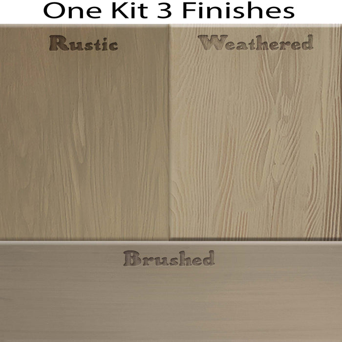Swatches of Retique It Wood'n Finish Kit in Drift Wood stain showing two finish samples on wood surfaces.