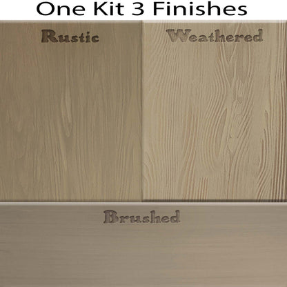 Swatches of Retique It Wood'n Finish Kit in Drift Wood stain showing two finish samples on wood surfaces.
