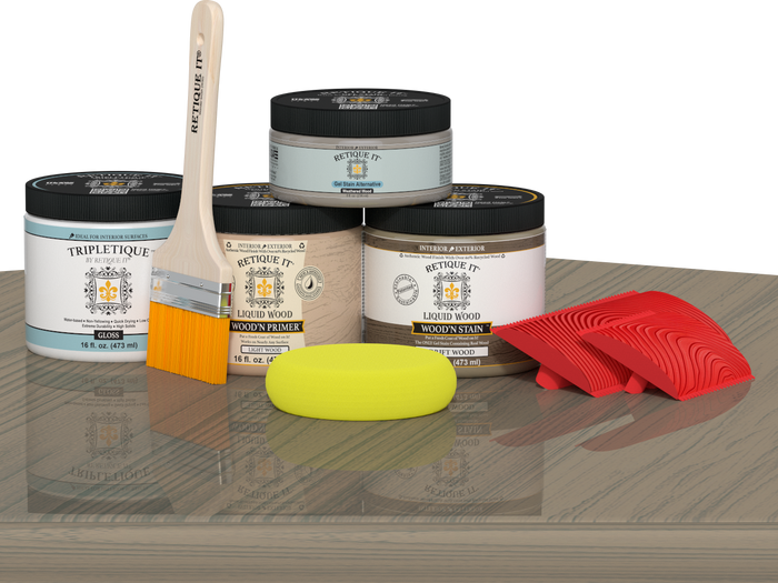 Retique It Wood'n Finish Kit in Drift Wood stain, double size, with wood sample and applicator on a table surface.