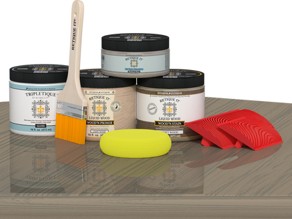 Retique It Wood'n Finish Kit in Drift Wood stain, double size, with wood sample and applicator on a table surface.