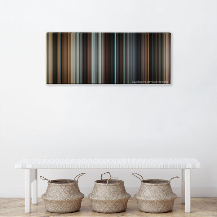 Taken color palette canvas above a white bench with three woven baskets