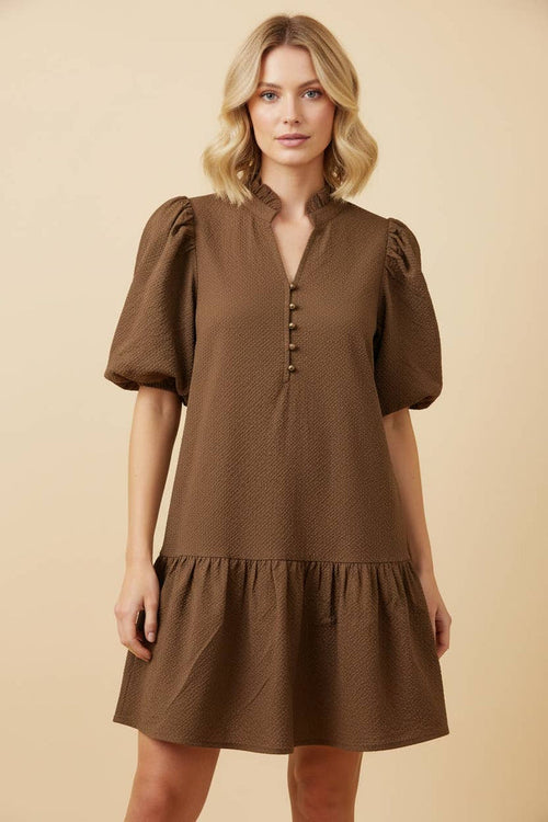 Textured Puff Sleeve Tiered Mini Dress: BROWN