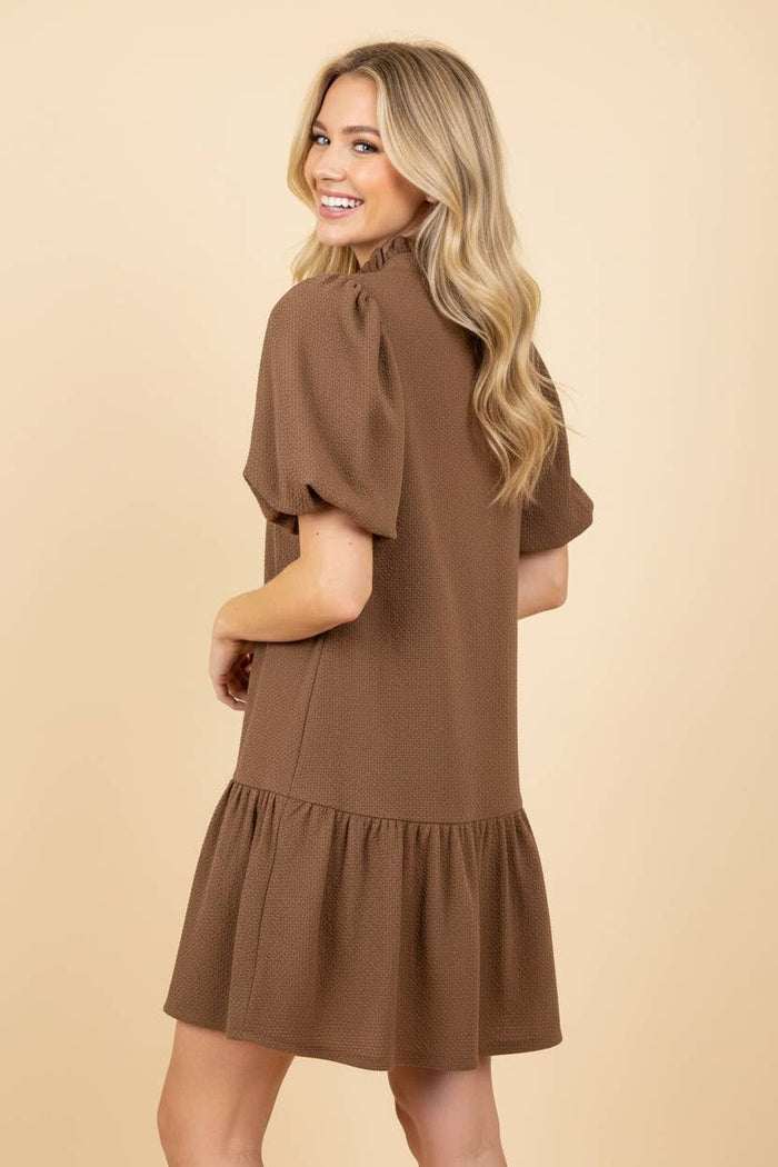 Textured Puff Sleeve Tiered Mini Dress: BROWN