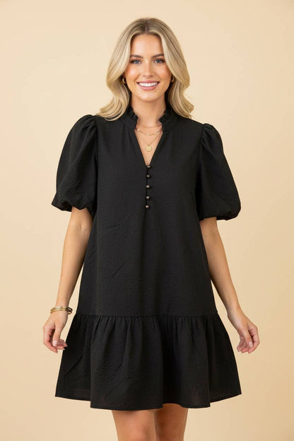 Textured Puff Sleeve Tiered Mini Dress: BROWN