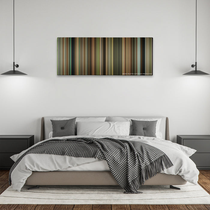 The Blind Side color palette canvas above a bed, between two black pendant lamps