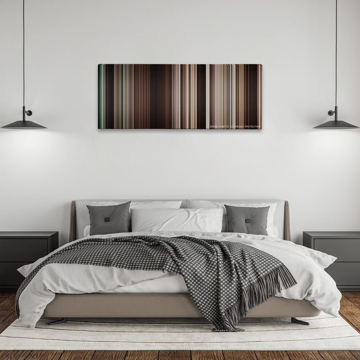 The Book of Eli color palette canvas above a bed, between two black pendant lamps