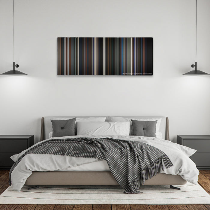The Dark Knight color palette canvas above a bed, between two black pendant lamps