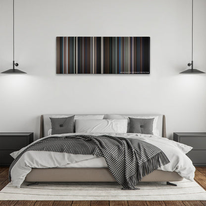 The Dark Knight color palette canvas above a bed, between two black pendant lamps
