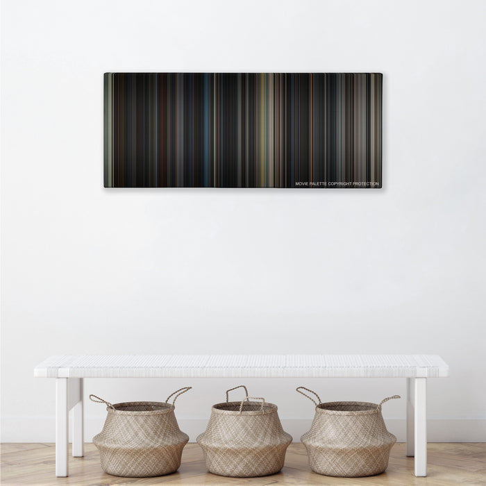 The Dark Knight Rises color palette canvas above a white bench with three woven baskets