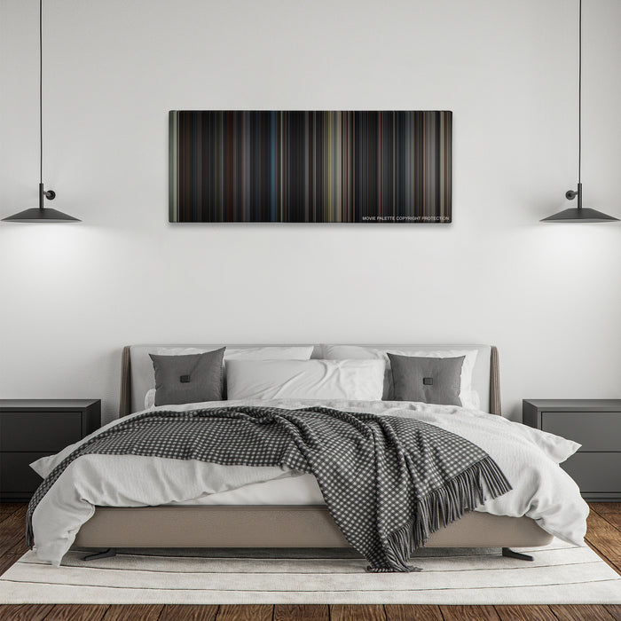 The Dark Knight Rises color palette canvas above a bed, between two black pendant lamps