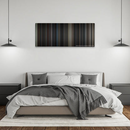 The Dark Knight Rises color palette canvas above a bed, between two black pendant lamps
