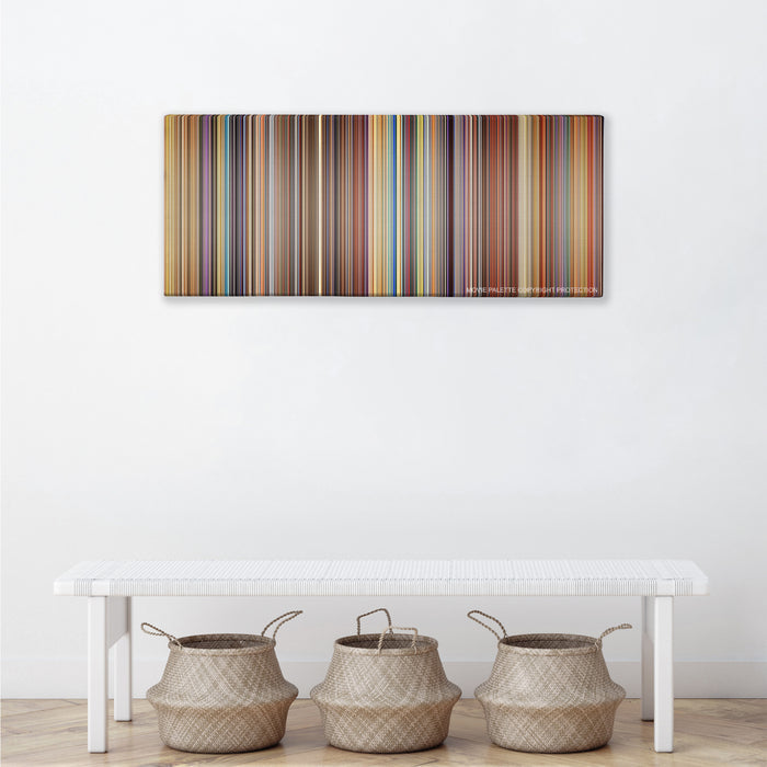 The Fifth Element color palette canvas above a white bench with three woven baskets