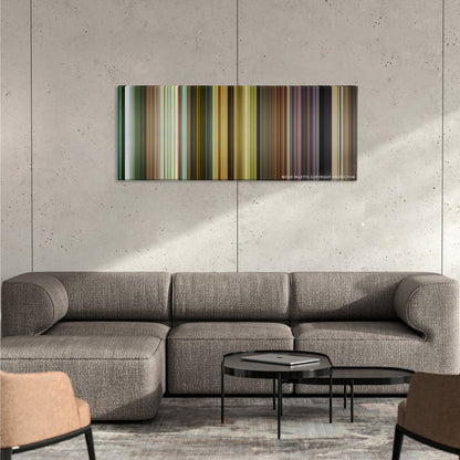 The Hangover Part III color palette canvas on a concrete wall above a gray sectional sofa