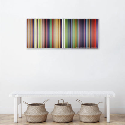 The Lion King color palette canvas above a white bench with three woven baskets