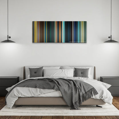 The Lord of the Rings: The Fellowship of the Ring color palette canvas above a bed, between two black pendant lamps