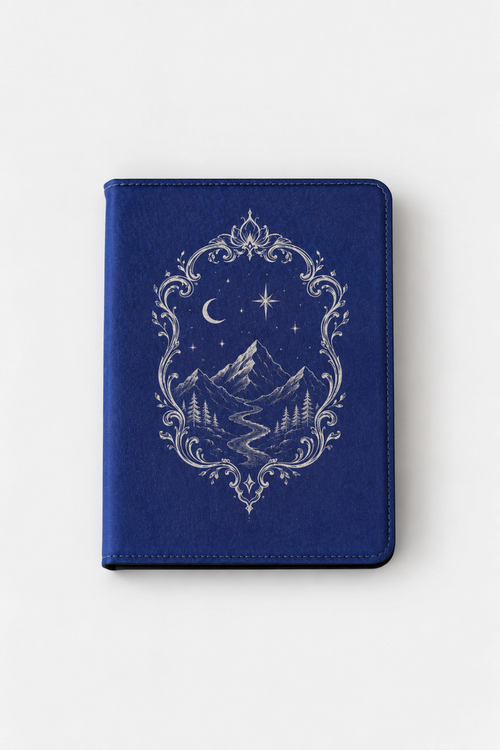 A blue notebook or journal with a silver-toned ornate border design featuring a mountain landscape, stars, and a crescent moon on the front cover, shown against a plain light background.