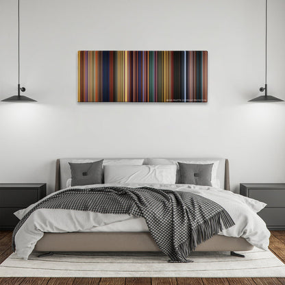 The Prince of Egypt color palette canvas above a bed, between two black pendant lamps