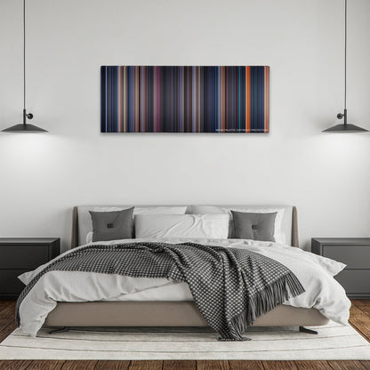 The Terminator color palette canvas above a bed, between two black pendant lamps