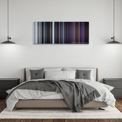 The Thing color palette canvas above a bed, between two black pendant lamps