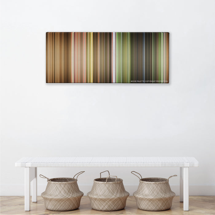 The Wizard of Oz color palette canvas above a white bench with three woven baskets