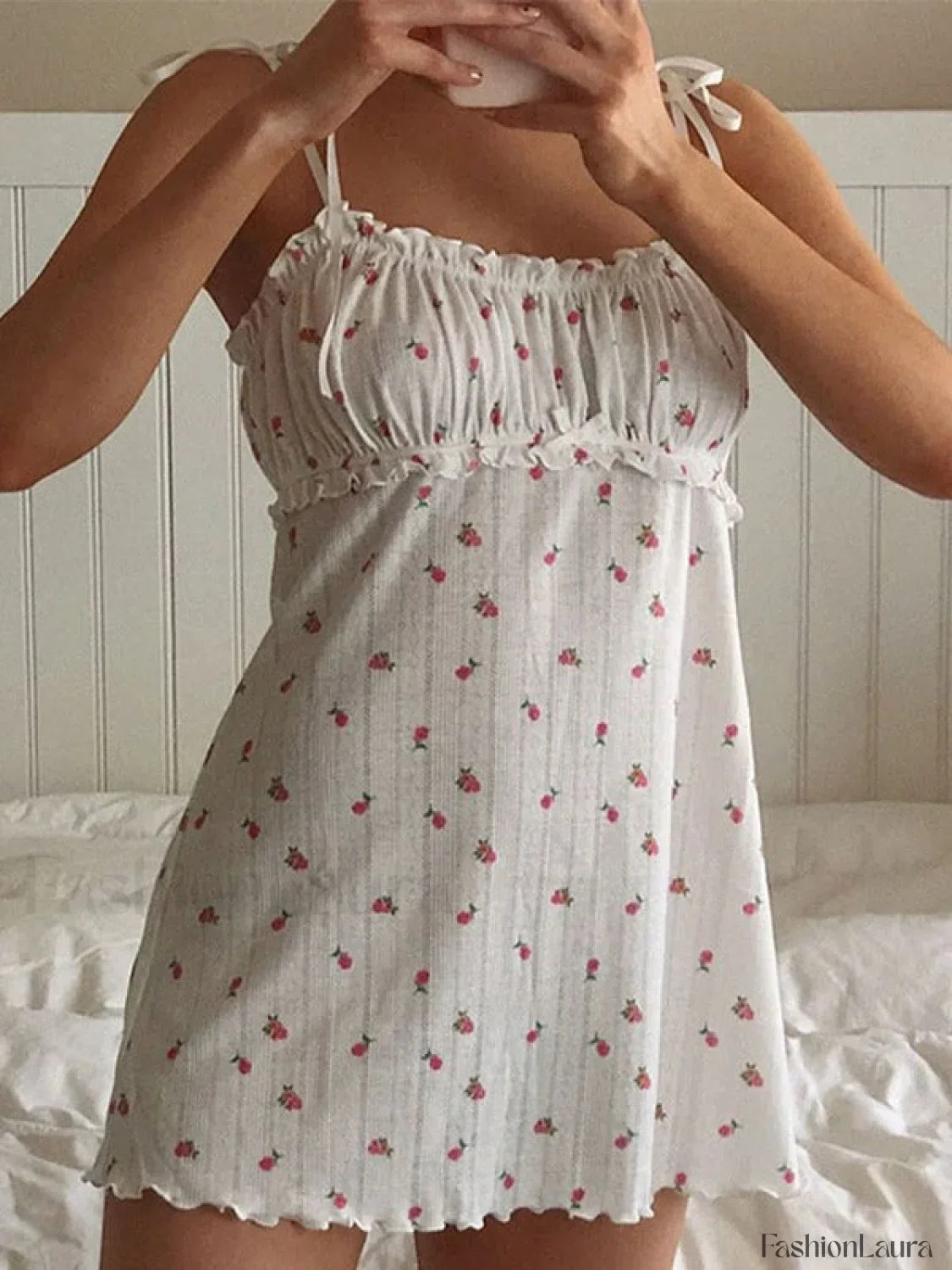 Tie Strap Frill Trim Floral Mini Dress