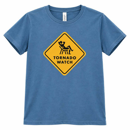 A blue short-sleeve crewneck t-shirt featuring a yellow diamond-shaped 'Tornado Watch' warning sign graphic printed on the chest.