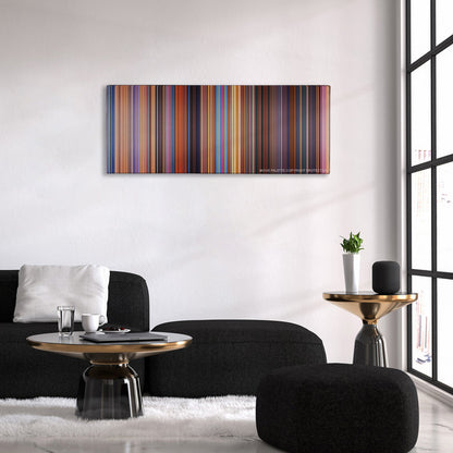 Toy Story 2 color palette canvas above a black sofa with a gold-topped table