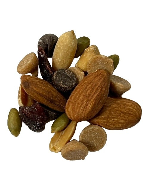 Trail Blazer Mix  includes: Roasted Salted Pepitas, Dry Roasted No Salt Almonds, Roasted Salted Peanuts, Peanut Butter Chips, Dark Chocolate Chips, Dried Cranberries