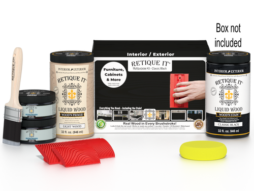 Large black Wood'n Finish Kit by Retique It with brushes and supplies for wood finishing projects.