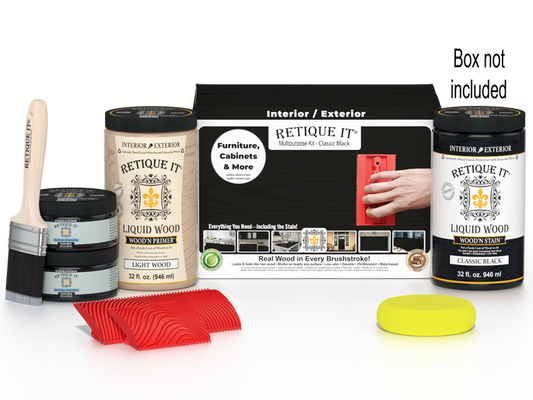 Large black Wood'n Finish Kit by Retique It with brushes and supplies for wood finishing projects.