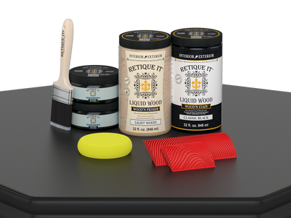 Large Black Wood'n Finish Kit by Retique It on a table, showcasing multi-purpose wood finishing tools and supplies.