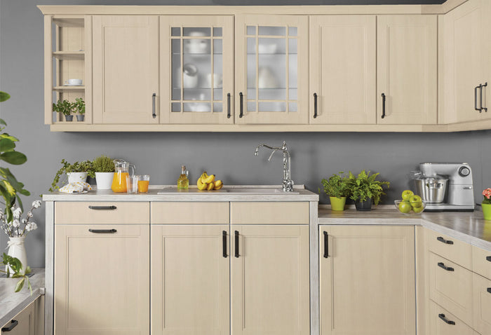 Retique It Wood'n Cabinet Kit with 12 smooth white oak cabinet doors, ideal for home kitchen renovation.