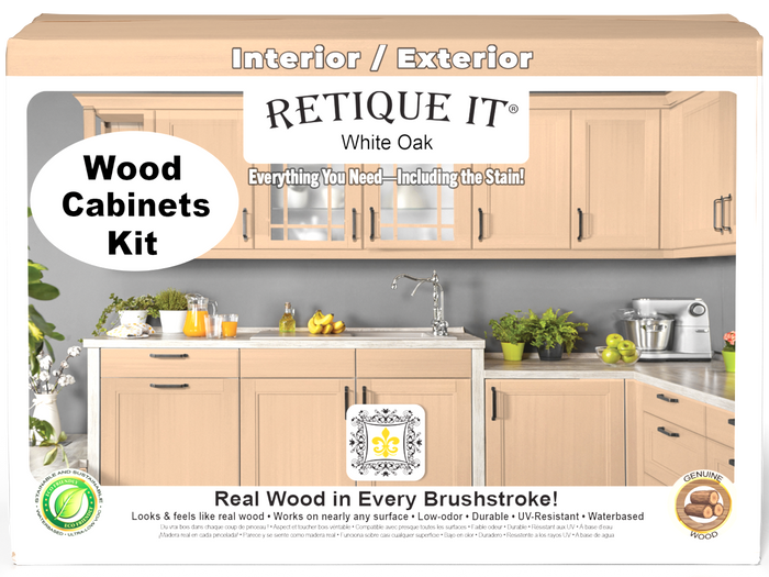White oak Wood'n Cabinet Kit with 12 smooth doors, stained in Retique It white oak finish, shown on front view.