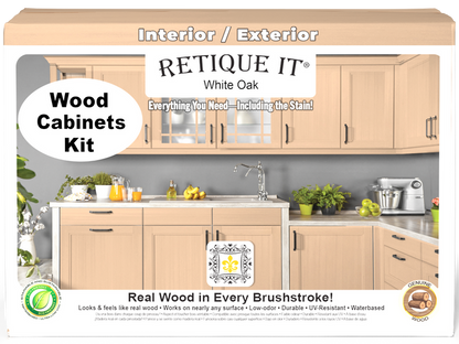 White oak Wood'n Cabinet Kit with 12 smooth doors, stained in Retique It white oak finish, shown on front view.