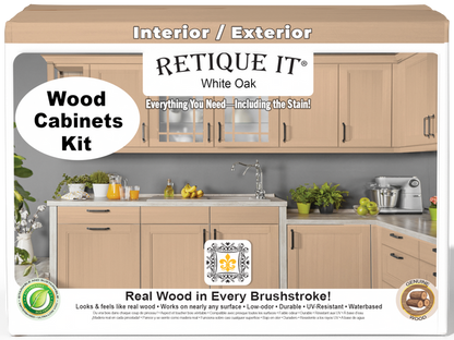 Retique It Wood'n Cabinet Kit in white oak with 24 smooth doors, stained for a sleek, modern kitchen cabinet look.