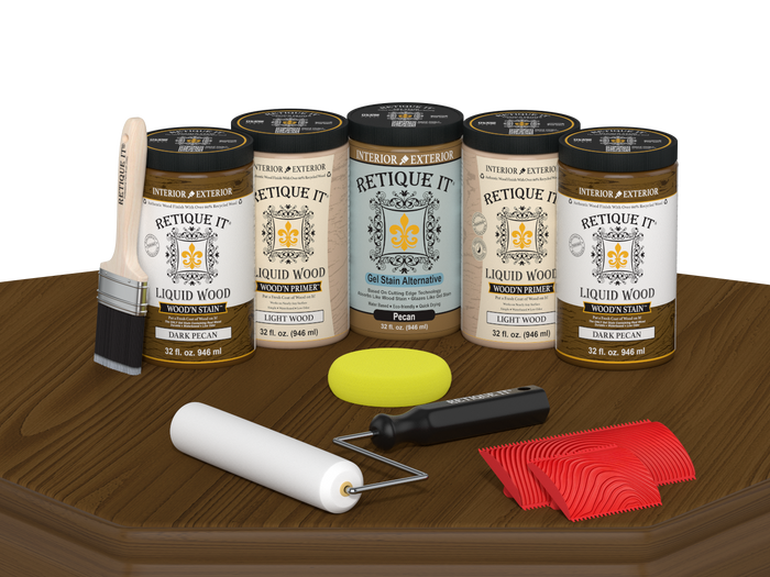 Retique It Wood'n Cabinet Kit in Dark Pecan stain, includes 24 grained wood cabinet doors displayed on a table.