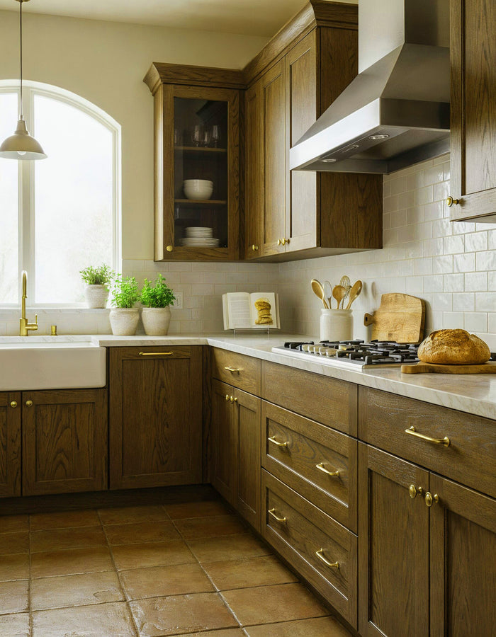 Retique It Wood'n Cabinet Kit in Dark Pecan stain, featuring a rustic black walnut kitchen cabinet with grained wood doors.