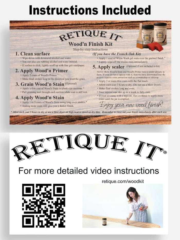 Retique It Wood'n Cabinet Kit with French Oak stain, showing detailed instructions for staining and finishing cabinet doors.