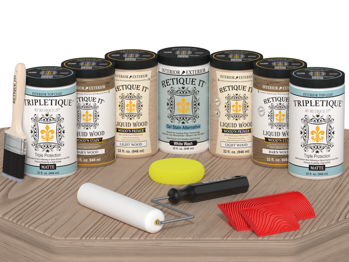 Retique It Wood'n Cabinet Kit French Oak stain with grained finish on cabinet door, matte French oak wood grain appearance