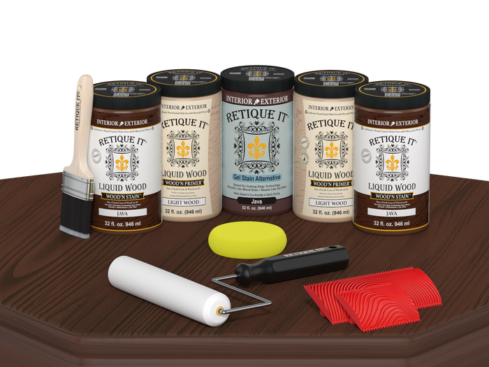 Retique It Wood'n Cabinet Kit Java stain with 24 grained cabinet doors displayed on a table for a natural wood look.