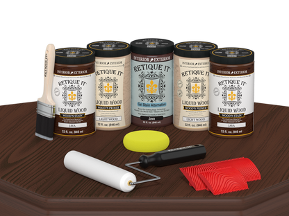 Retique It Wood'n Cabinet Kit Java stain with 24 grained cabinet doors displayed on a table for a natural wood look.