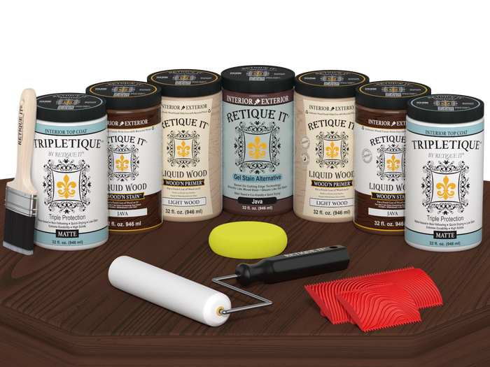 Retique It Wood'n Cabinet Kit Java stain with 24 grained cabinet doors, matte finish, shown on a table.